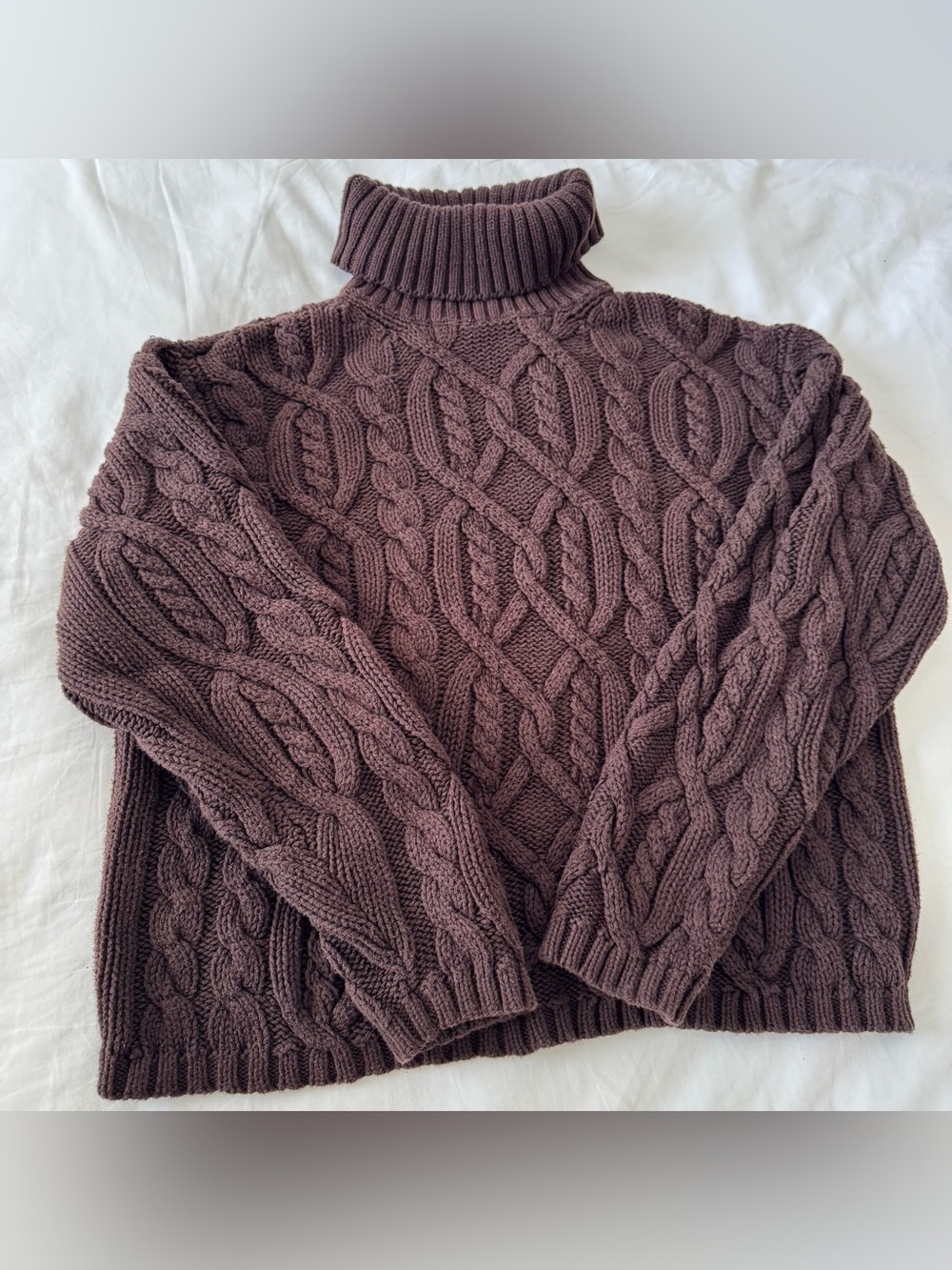 Vintage AKA Eddie Bauer Brown Cotton Chunky Cable Knit Turtleneck Sweater Size M